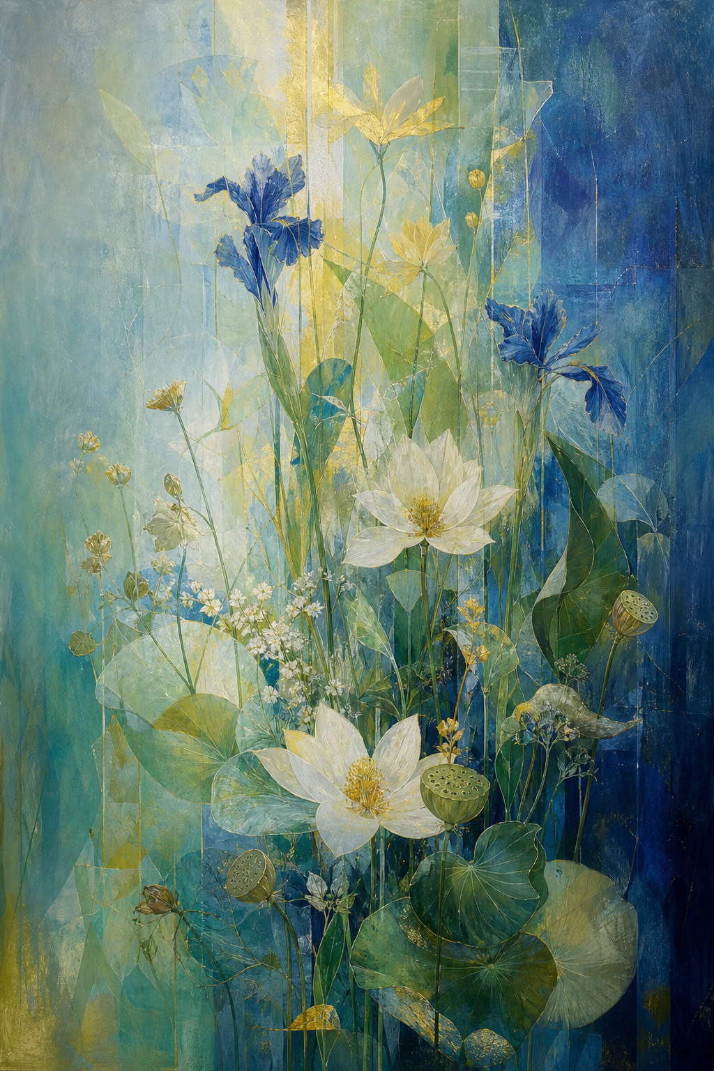 A vertical botanical painting with layered leaves and white flowers in blue and green tones.