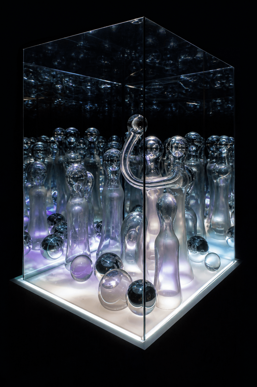 A mirrored glass chamber filled with translucent sculptural forms lit from below.